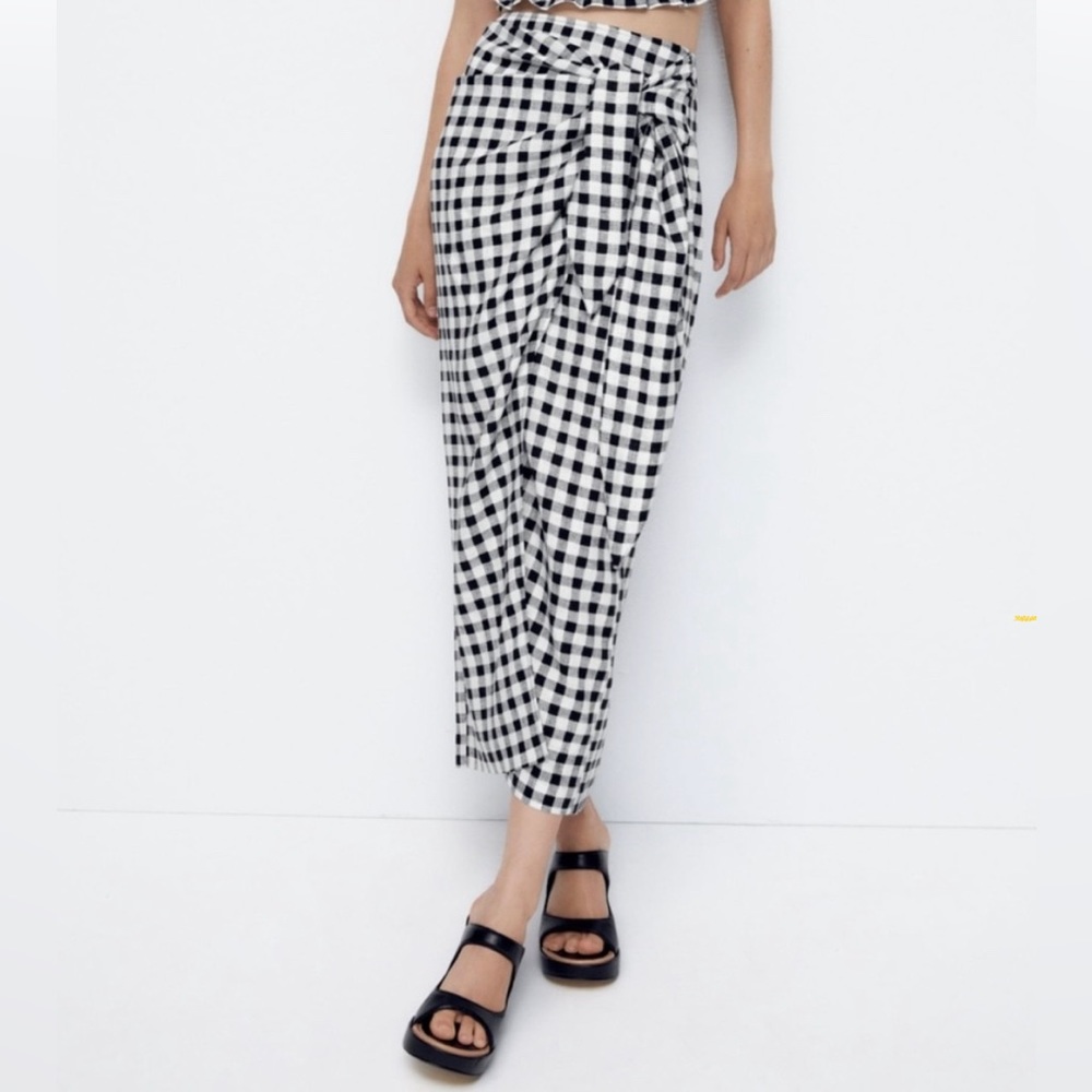 ZARA Gingham Linen Blend Skirt - Picture 3 of 12
